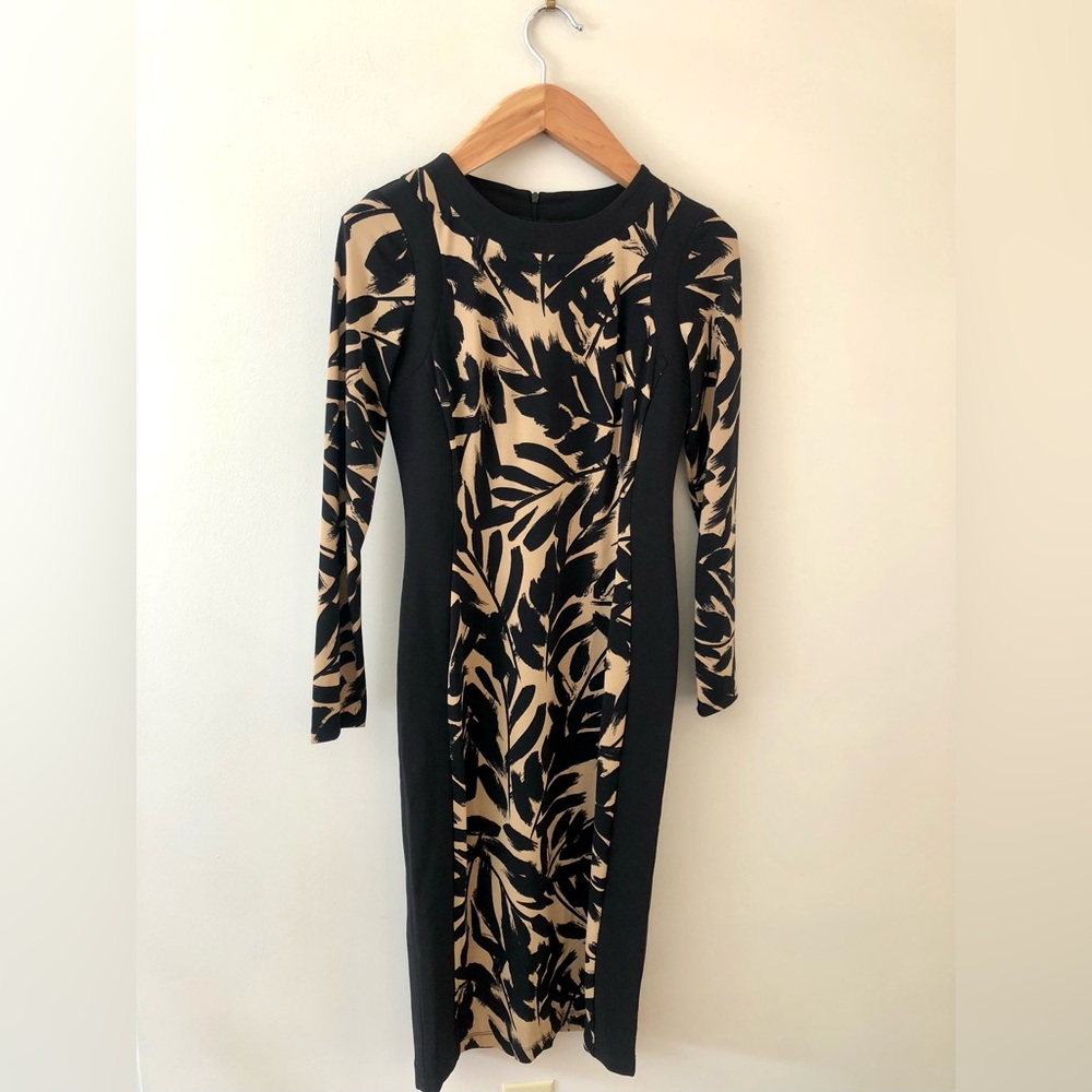 Maggy London Black and Beige Long Sleeve Sheath Dress
